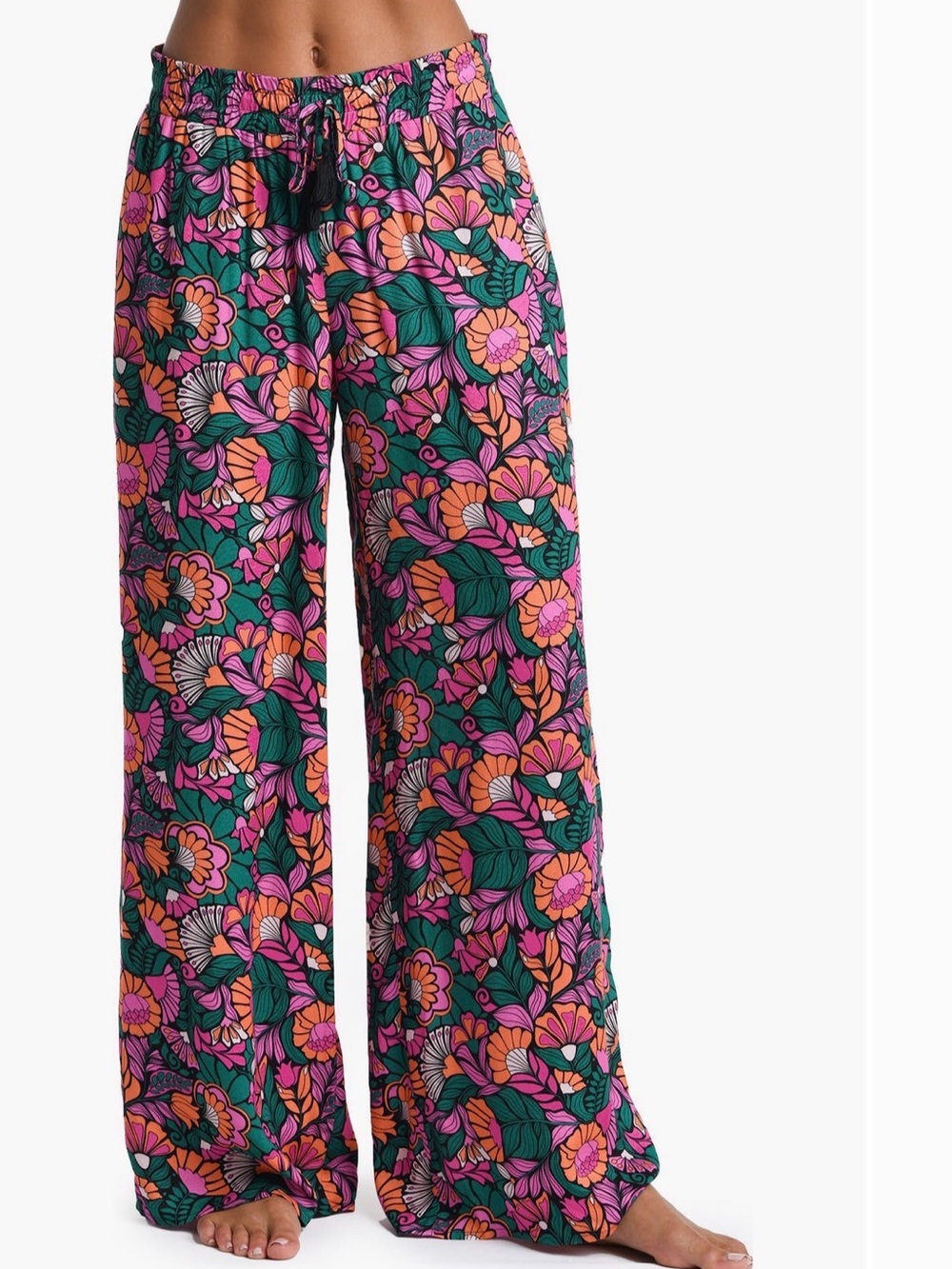 Wide-Leg Floral Lounge Pants in Teal and Pink